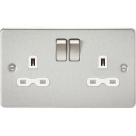 Knightsbridge FPR9000BCW Flat Plate Brushed Chrome 2 Gang 13A 2 Pole Switched Socket - White Insert