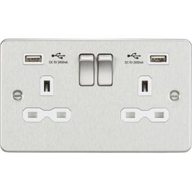 Knightsbridge FPR9224BCW Flat Plate Brushed Chrome 2 Gang 13A 2x USB-A 2.4A Switched Socket - White Insert image