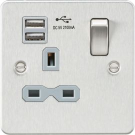 Knightsbridge FPR9901BCG Flat Plate Brushed Chrome 1 Gang 13A 2x USB-2.1A Switched Socket - Grey Insert