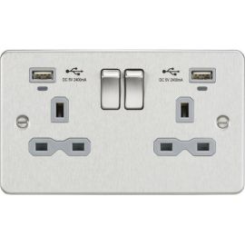 Knightsbridge FPR9904NBCG Flat Plate Brushed Chrome 2 Gang 13A 2x USB-2.4A Neon Switched Socket - Grey Insert image
