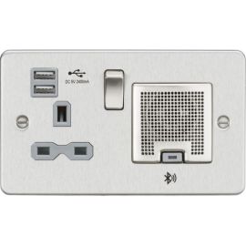 Knightsbridge FPR9905BCG Flat Plate Brushed Chrome 1 Gang 13A 2x USB-2.4A Bluetooth Speaker Switched Socket - Grey Insert image