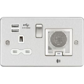 Knightsbridge FPR9905BCW Flat Plate Brushed Chrome 1 Gang 13A 2x USB-2.4A Bluetooth Speaker Switched Socket - White Insert image