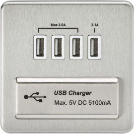 Knightsbridge SFQUADBCW Screwless Brushed Chrome 4x USB-A 5.1A USB Charger Outlet - White Insert image