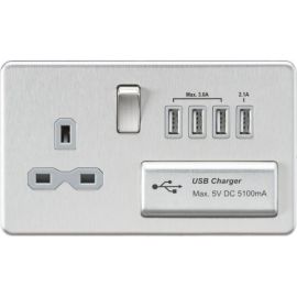 Knightsbridge SFR7USB4BCG Screwless Brushed Chrome 1 Gang 13A Switched Socket 4x USB-A 5.1A USB Charger Outlet - Grey Insert image