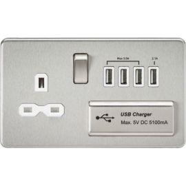 Knightsbridge SFR7USB4BCW Screwless Brushed Chrome 1 Gang 13A Switched Socket 4x USB-A 5.1A USB Charger Outlet - White Insert