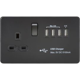 Knightsbridge SFR7USB4MBB Screwless Matt Black 1 Gang 13A Switched Socket 4x USB-A 5.1A USB Charger Outlet image