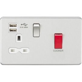 Knightsbridge SFR8333UBCW Screwless Brushed Chrome 45A 2 Pole Cooker Switch 2x USB-A 2.4A 13A Switched Socket - White Insert image
