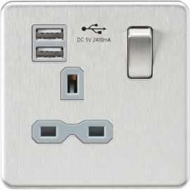 Knightsbridge SFR9124BCG Screwless Brushed Chrome 1 Gang 13A 2x USB-A 2.4A Switched Socket - Grey Insert