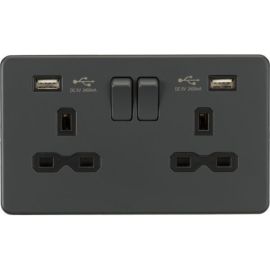Knightsbridge SFR9224AT Screwless Anthracite 2 Gang 13A 2x USB-A 2.4A Switched Socket image