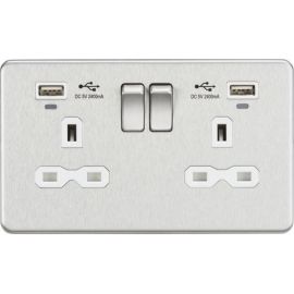Knightsbridge SFR9904NBCW Brushed Chrome Screwless 2 Gang 13A 2x USB-A 2.4A Switched Socket - White Insert image