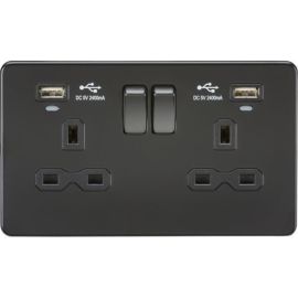 Knightsbridge SFR9904NMBB Screwless Matt Black 2 Gang 13A 2x USB-A 2.4A Neon Switched Socket image