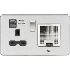 Knightsbridge SFR9905BC Screwless Brushed Chrome 1 Gang 13A 2x USB-A 2.4A Bluetooth Speaker Switched Socket - Black Insert image