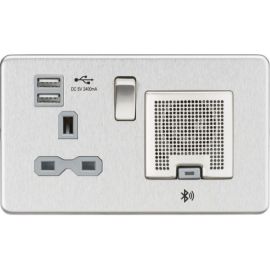 Knightsbridge SFR9905BCG Screwless Brushed Chrome 1 Gang 13A 2x USB-A 2.4A Bluetooth Speaker Switched Socket - Grey Insert image