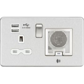 Knightsbridge SFR9905BCW Screwless Brushed Chrome 1 Gang 13A 2x USB-A 2.4A Bluetooth Speaker Switched Socket - White Insert image