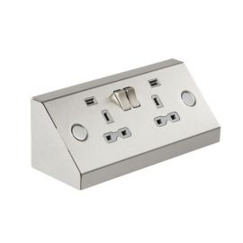 Knightsbridge SKR009 Stainless Steel IP20 2 Gang 13A 2x USB-A 2.4A Mounting Switched Socket - Grey Insert