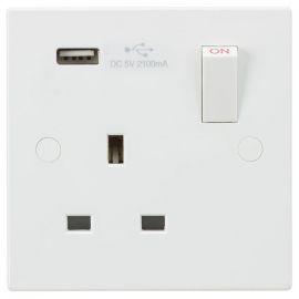 Knightsbridge SN9903 Square Edge White 1 Gang 13A 1x USB-A 2.1A Switched Socket