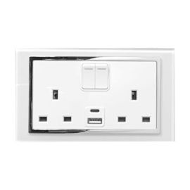 Retrotouch 00658 Crystal White Plain Glass 2 Gang 13A 1x USB-A 1x USB-C 3.1A Switched Socket image