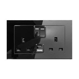 Retrotouch 00659 Crystal Black Plain Glass 2 Gang 13A 1x USB-A 1x USB-C 3.1A Switched Socket image