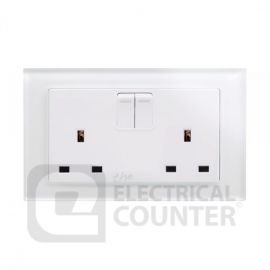 White Double Pole Double Plug Socket with Switch and Glass Surround