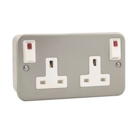 Click CL840 Essentials Metal Clad 2 Gang 13A 2 Pole Outboard Rockers Neon Switched Socket Outlet image