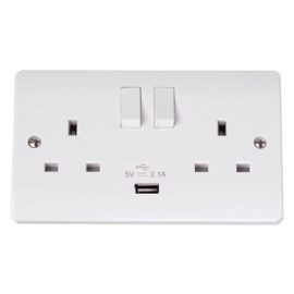 Click CMA770 White Plastic Mode 2 Gang 13A 1x USB-A 2.1A Twin Earth Switched Socket