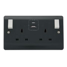 Click CMA786AG Mode Part M Anthracite Grey 2 Gang 13A 1x USB-A 1x USB-C 4.2A Switched Safety Shutter Socket Outlet