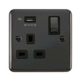 Click DPBN571BK Deco Plus Black Nickel Ingot 1 Gang 13A 1x USB-A 2.1A Switched Socket - Black Insert image