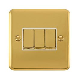 Click DPBR413WH Deco Plus Polished Brass Ingot 3 Gang 10AX 2 Way Plate Switch - White Insert