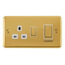 Click DPBR504WH Deco Plus Polished Brass Ingot 1 Gang 45A 2 Pole Cooker Switch 13A Switched Socket - White Insert image