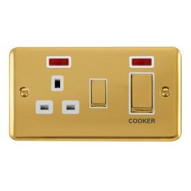 Click DPBR505WH Deco Plus Polished Brass Ingot 1 Gang 45A 2 Pole Cooker Switch 13A Neon Switched Socket - White Insert image