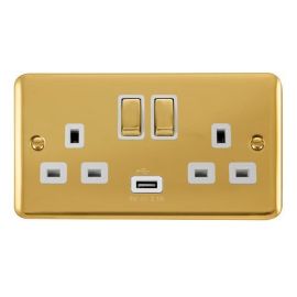 Click DPBR570WH Deco Plus Polished Brass Ingot 2 Gang 13A 1x USB-A 2.1A Switched Socket - White Insert