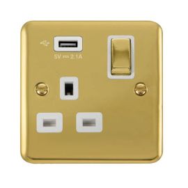 Click DPBR571UWH Deco Plus Polished Brass Ingot 1 Gang 13A 1x USB-A 2.1A Switched Socket - White Insert image