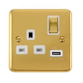Click DPBR571WH Deco Plus Polished Brass Ingot 1 Gang 13A 1x USB-A 2.1A Switched Socket - White Insert image