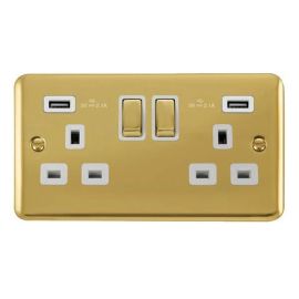 Click DPBR580WH Deco Plus Polished Brass Ingot 2 Gang 13A 2x USB-A 4.2A Switched Socket - White Insert