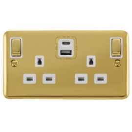 Click DPBR586WH Deco Plus Polished Brass Ingot 2 Gang 13A 1x USB-A 1x USB-C 4.2A Switched Socket - White Insert image