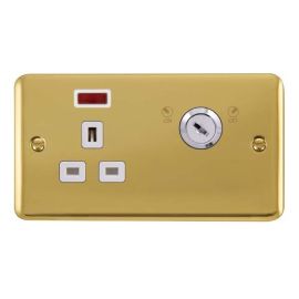 Click DPBR655WH Deco Plus Polished Brass Ingot 1 Gang 13A Double Plate Neon Lockable Socket - White Insert image