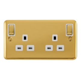 Click DPBR836WH Deco Plus Polished Brass Ingot 2 Gang 13A Outboard Rockers Switched Socket - White Insert