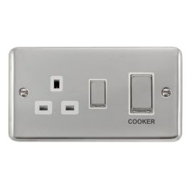 Click DPCH504WH Deco Plus Polished Chrome Ingot 1 Gang 45A 2 Pole Cooker Switch 13A Switched Socket - White Insert image