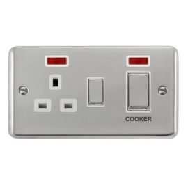Click DPCH505WH Deco Plus Polished Chrome Ingot 1 Gang 45A 2 Pole Cooker Switch 13A Neon Switched Socket - White Insert