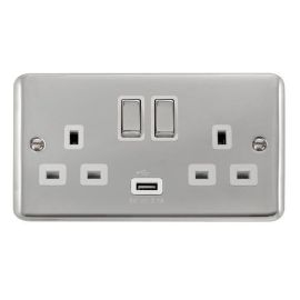 Click DPCH570WH Deco Plus Polished Chrome Ingot 2 Gang 13A 1x USB-A 2.1A Switched Socket - White Insert image