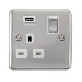 Click DPCH571UWH Deco Plus Polished Chrome Ingot 1 Gang 13A 1x USB-A 2.1A Switched Socket - White Insert image