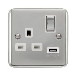 Click DPCH571WH Deco Plus Polished Chrome Ingot 1 Gang 13A 1x USB-A 2.1A Switched Socket - White Insert image