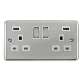 Click DPCH580WH Deco Plus Polished Chrome Ingot 2 Gang 13A 2x USB-A 4.2A Switched Socket - White Insert
