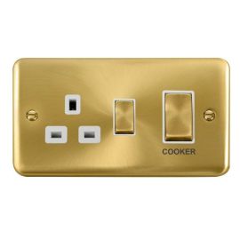 Click DPSB504WH Deco Plus Satin Brass Ingot 1 Gang 45A 2 Pole Cooker Switch 13A Switched Socket - White Insert image