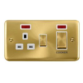 Click DPSB505WH Deco Plus Satin Brass Ingot 1 Gang 45A 2 Pole Cooker Switch 13A Neon Switched Socket - White Insert image