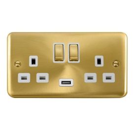 Click DPSB570WH Deco Plus Satin Brass Ingot 2 Gang 13A 1x USB-A 2.1A Switched Socket - White Insert
