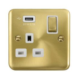 Click DPSB571UWH Deco Plus Satin Brass Ingot 1 Gang 13A 1x USB-A 2.1A Switched Socket - White Insert image