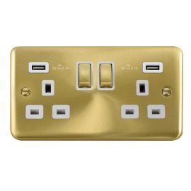 Click DPSB580WH Deco Plus Satin Brass Ingot 2 Gang 13A 2x USB-A 4.2A Switched Socket - White Insert
