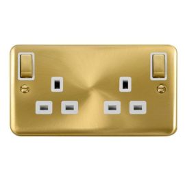 Click DPSB836WH Deco Plus Satin Brass Ingot 2 Gang 13A Outboard Rockers Switched Socket - White Insert