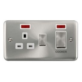 Click DPSC505WH Deco Plus Satin Chrome Ingot 1 Gang 45A 2 Pole Cooker Switch 13A Neon Switched Socket - White Insert image
